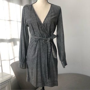 WHO WHAT WEAR Acid Washed Denim Tencel Faux Wrap Grey fall Dress
